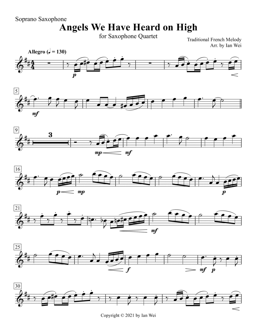 Angels We Have Heard on High for Saxophone Quartet (arr. Ian Wei)