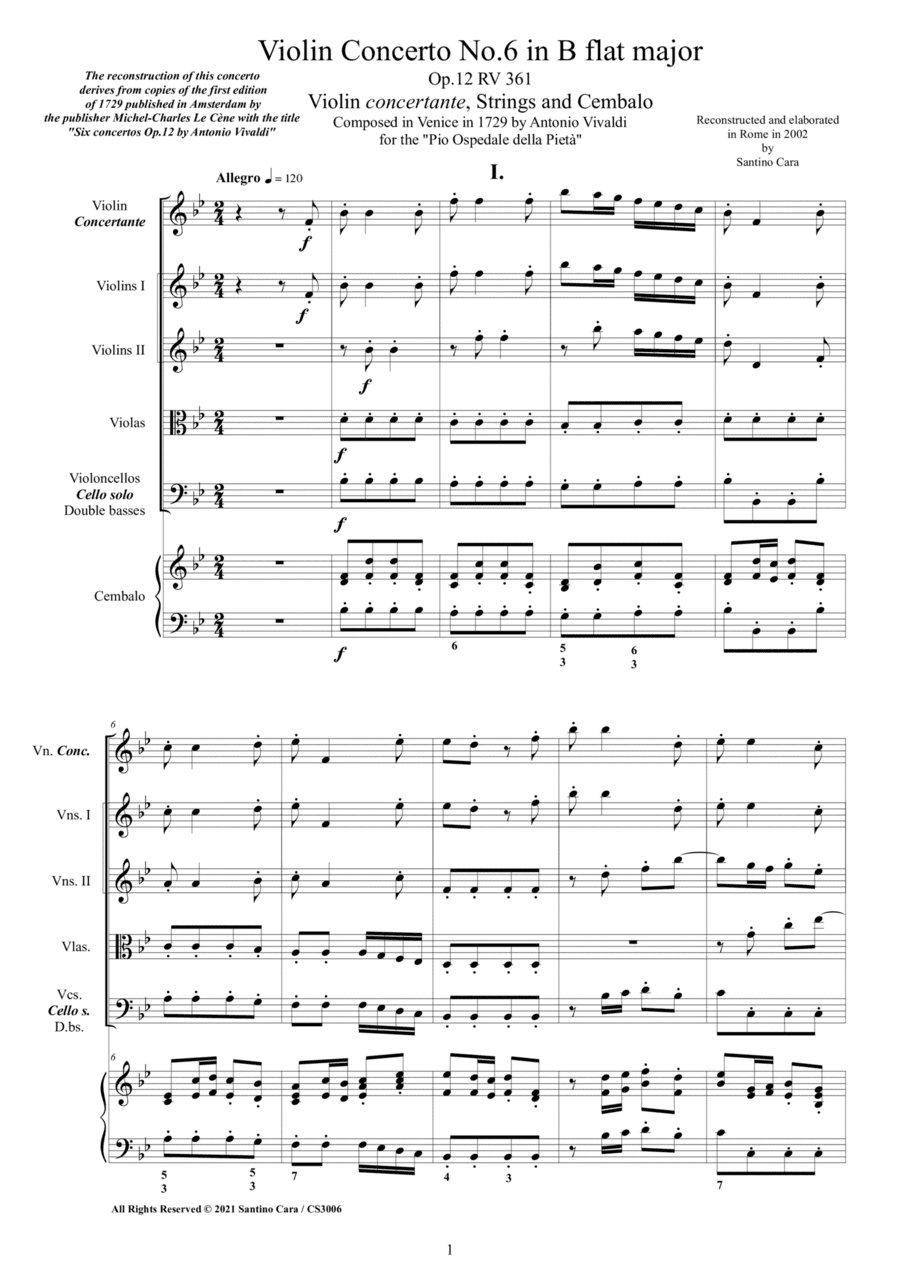 Vivaldi - Violin Concerto No.6 in B flat major Op.12 RV 361 for Violin, Strings and Cembalo (arr. Santino Cara)