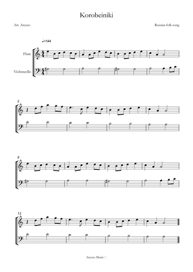 korobeiniki tetris theme for flute and cello sheet music (arr. Arezzo Music)