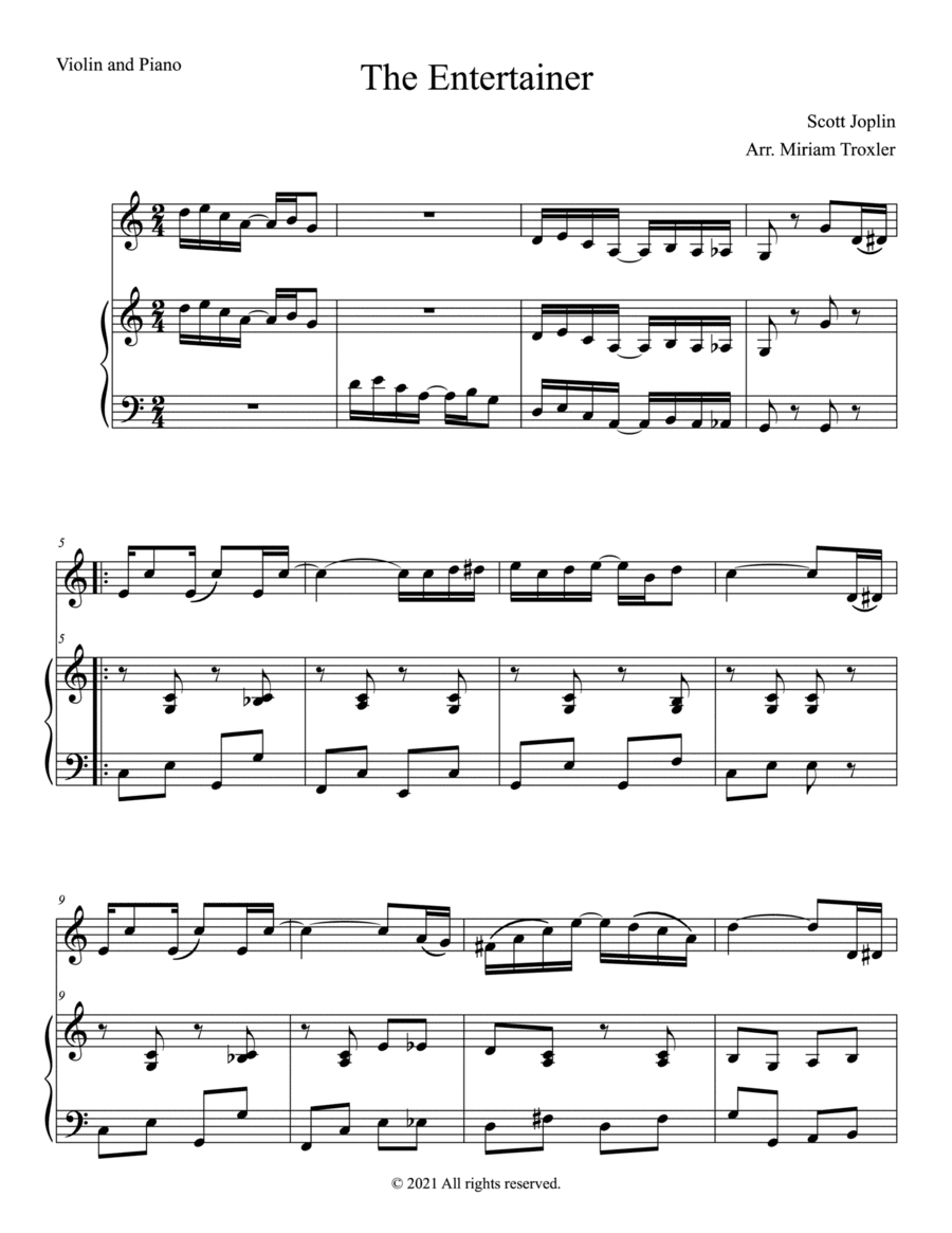 The Entertainer Duet for Violin and Piano (arr. Miriam Troxler)
