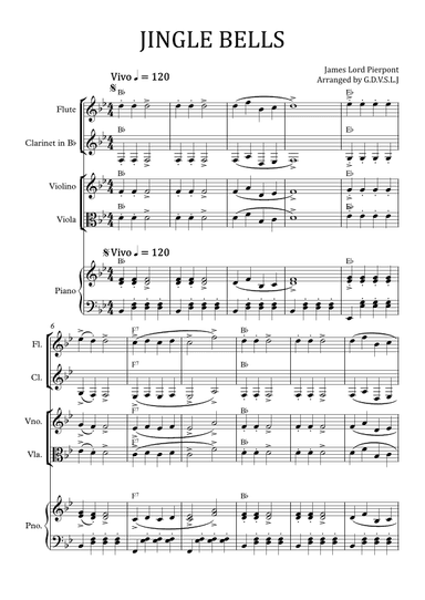 Jingle Bells in Bb (Flute, Clarinet Bb, Violin, Viola + Piano accomp) (arr. GDVSLJ)