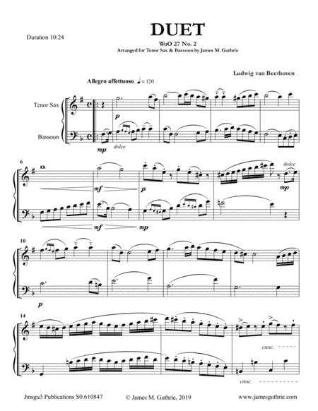 Beethoven: Duet WoO 27 No. 2 for Tenor Sax & Bassoon (arr. James M. Guthrie, ASCAP)