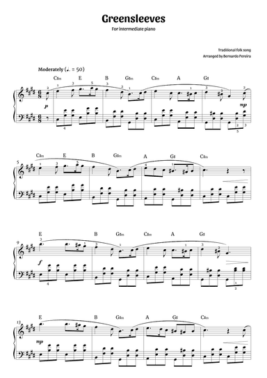 Greensleeves (intermediate piano – C# minor) (arr. Bernardo Pereira)