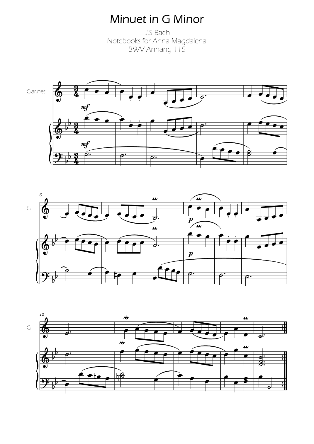 Minuet in G minor BWV Anh. 115 - Bach - Clarinet (arr. Ygor Nunes)