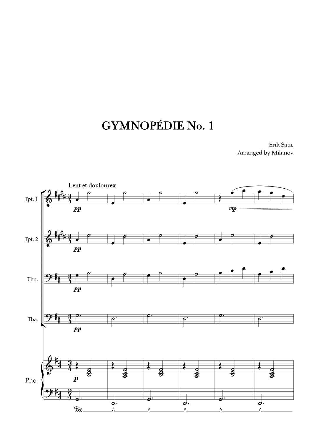 Gymnopédie no 1 | Brass Quartet | Original Key| Piano accompaniment |Easy intermediate (arr. Milanov)