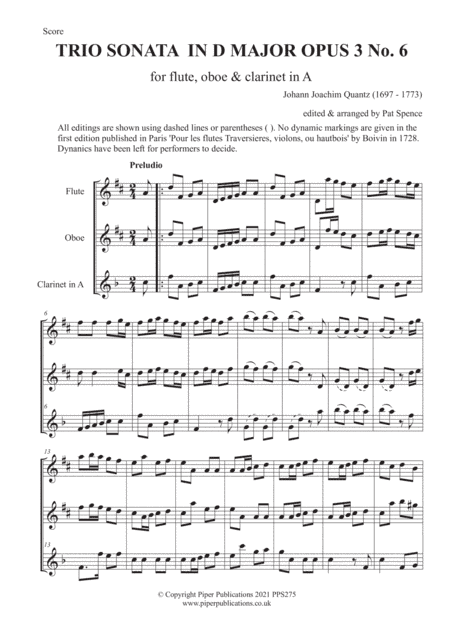 QUANTZ  TRIO SONATA IN D MAJOR OPUS 3 No. 6 for flute, oboe & clarinet (arr. Edited & arranged by Pat Spence)