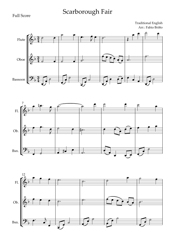 Scarborough Fair for Woodwind Trio (arr. Fabio Britto)
