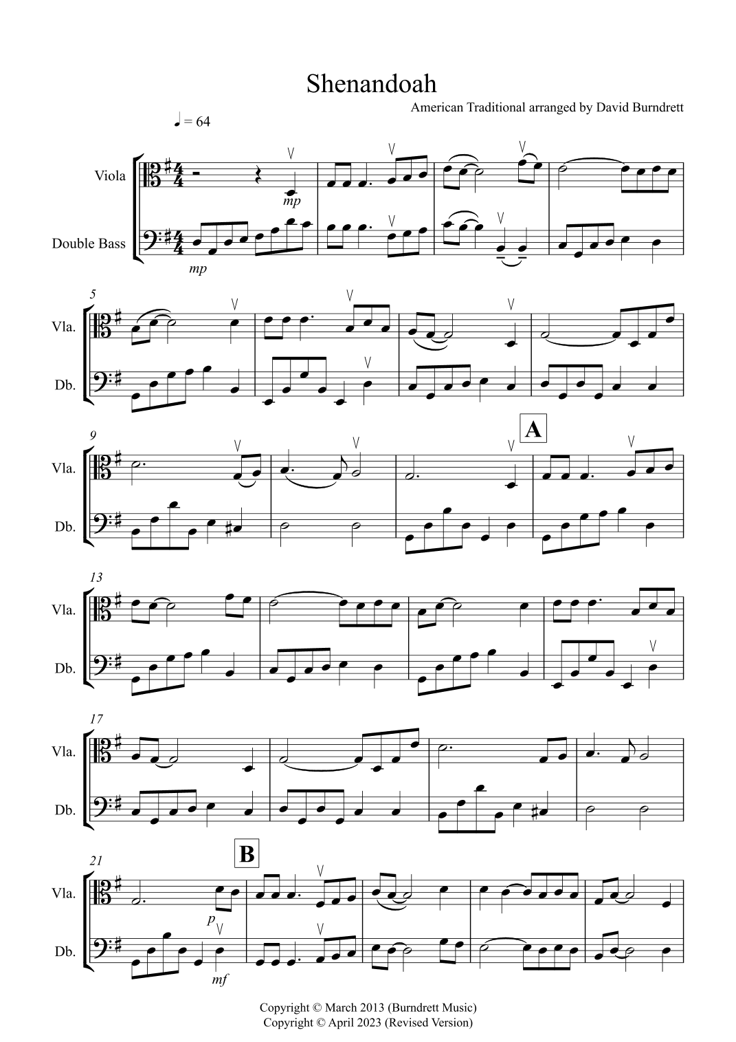 Shenandoah for Viola and Double Bass Duet (arr. David Burndrett)