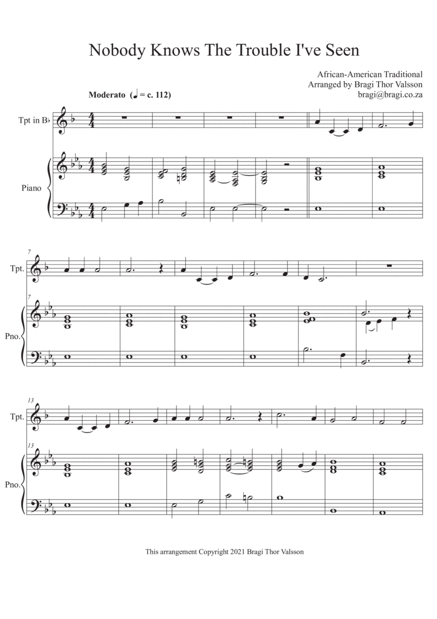 Nobody Knows The Trouble I've Seen - Trumpet with Piano accompaniment (arr. Bragi Thor Valsson)