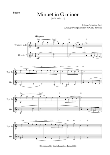 Minuet in G minor BWV anh 115 (Bach) Trumpet and Horn chords (arr. Cadu Barcelos)
