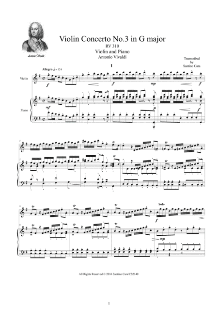 Vivaldi - Violin Concerto in G major RV 310 Op.3 No.3 for Violin and Piano (arr. Santino Cara)