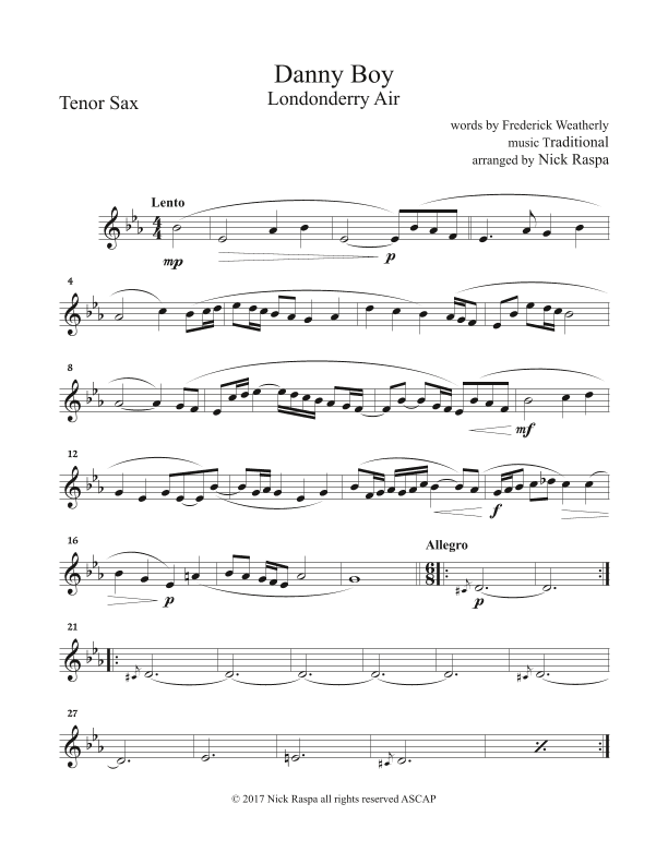 Danny Boy for Saxophone Quintet - Tenor Sax part (arr. Nick Raspa)