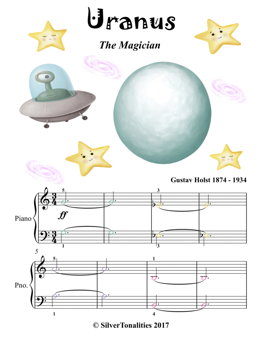 Uranus the Magician Easy Piano Sheet Music with Colored Notes (arr. SilverTonalities)