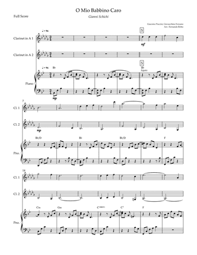O Mio Babbino Caro (Puccini) for Clarinet in A Duo and Piano Accompaniment with Chords (arr. Fernando Britto)