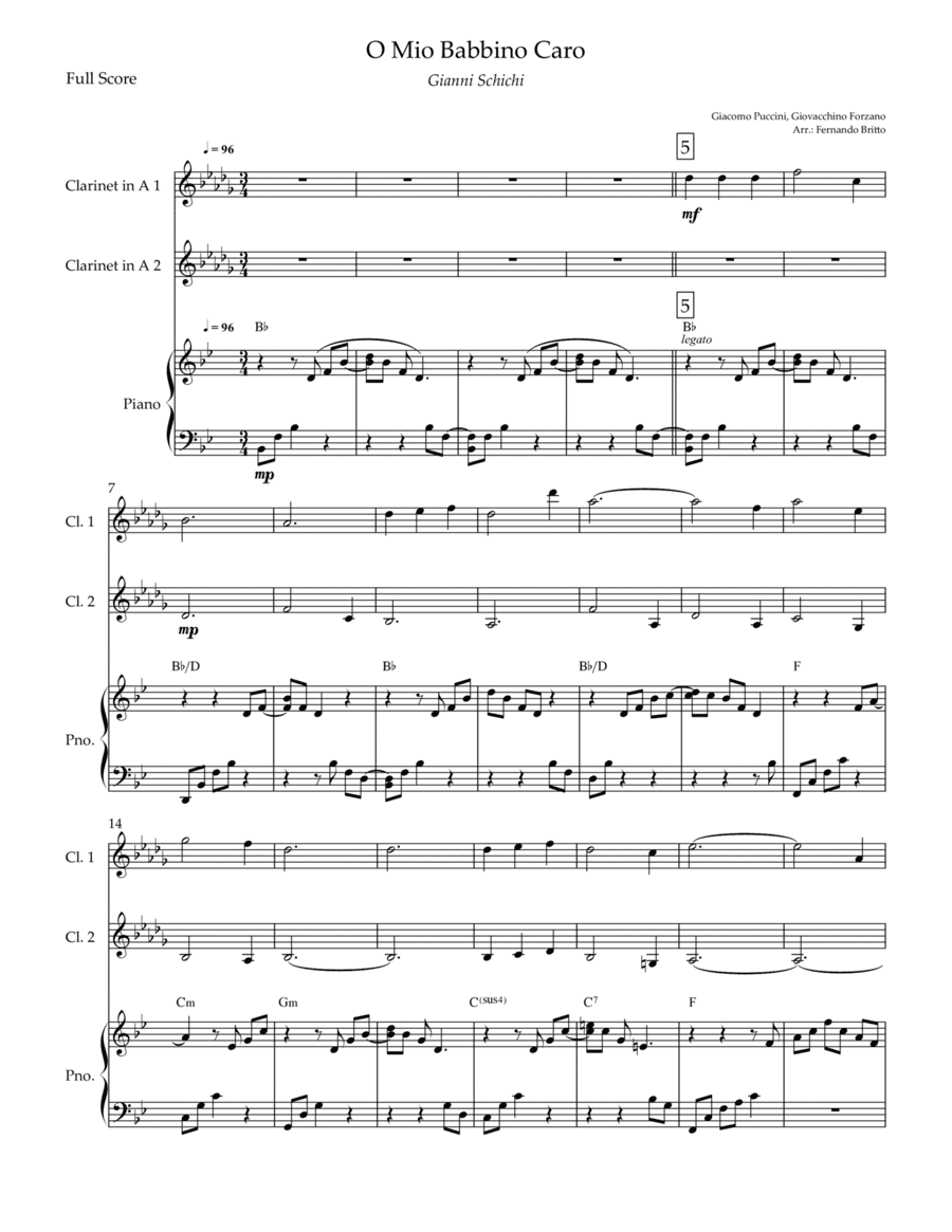 O Mio Babbino Caro (Puccini) for Clarinet in A Duo and Piano Accompaniment with Chords (arr. Fernando Britto)