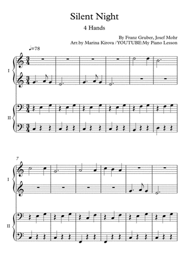 Silent Night - EASY Piano 4 hands Duet in EASY TO READ FORMAT (arr. Marina Kirova)