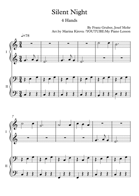 Silent Night - EASY Piano 4 hands Duet in EASY TO READ FORMAT (arr. Marina Kirova)