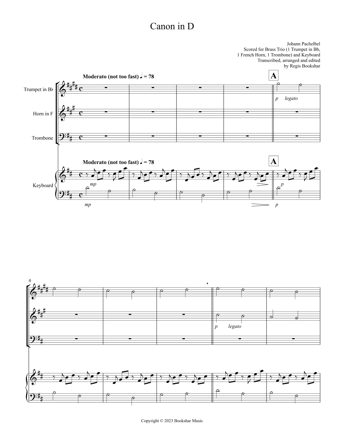 Canon in D (Pachelbel) (D) (Brass  Trio - 1 Trp, 1 Hrn, 1 Trb), Keyboard) (arr. Regis Bookshar)