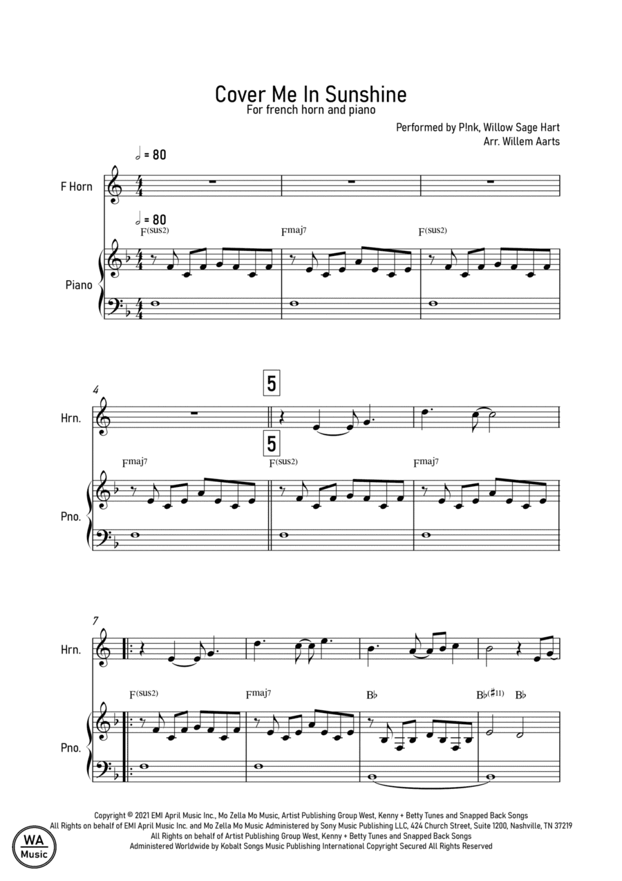 Cover Me In Sunshine (arr. Willem Aarts)