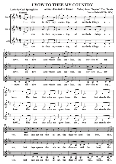 I Vow To Thee My Country A Cappella SSA (arr. Andrew Emmet)