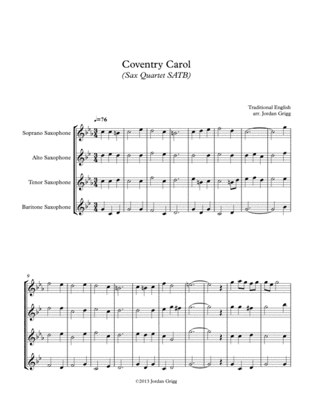Coventry Carol (Sax Quartet SATB) (arr. Jordan Grigg)