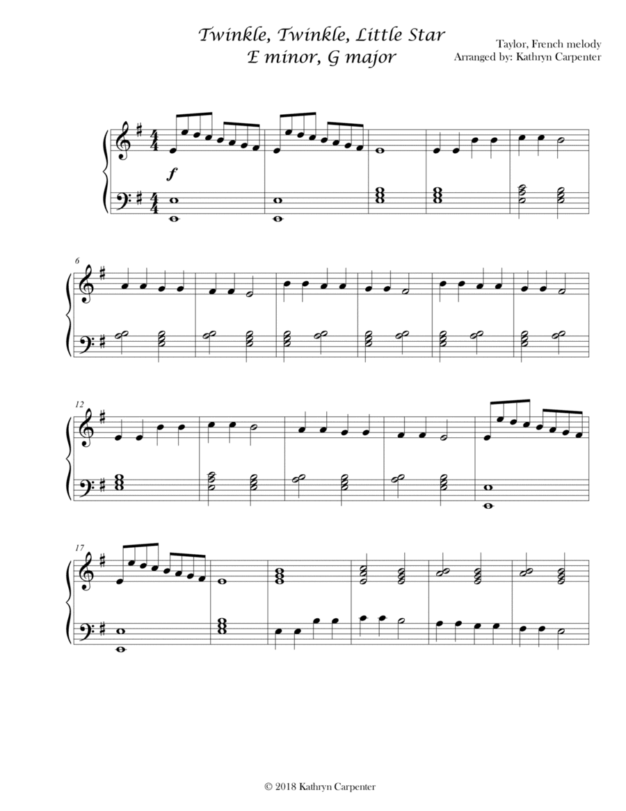 Twinkle, Twinkle Little Star (Intermediate Piano, Minor & Major) (arr. Kathryn Carpenter)
