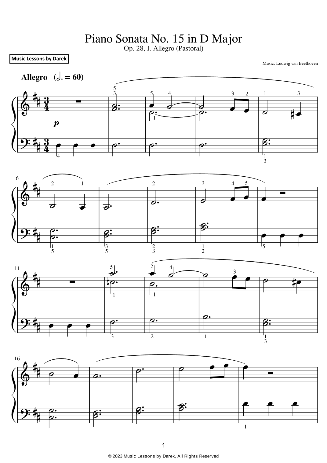 Piano Sonata No. 15 in D Major (EASY PIANO) Op. 28, I. Allegro (Pastoral) [Ludwig van Beethoven] (arr. Darek)