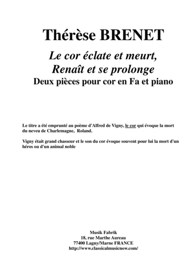 Thérèse Brenet : Le cor éclate et meurt, renaît et se prolonge for horn and piano
