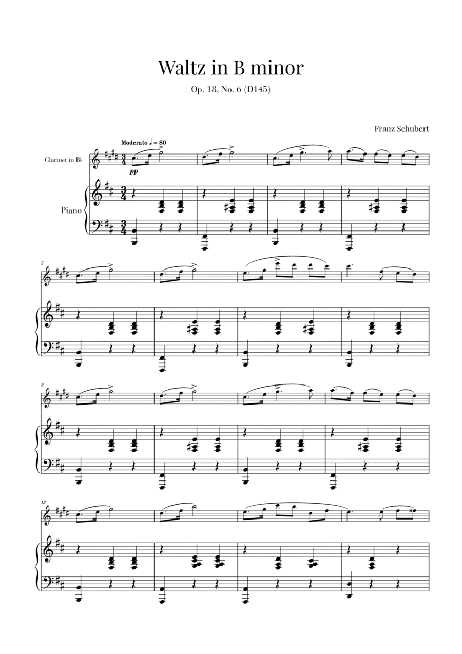 Waltz in B minor Op 18, No. 6 (D145) (for Clarinet and Piano) (arr. Cadenza Editions)