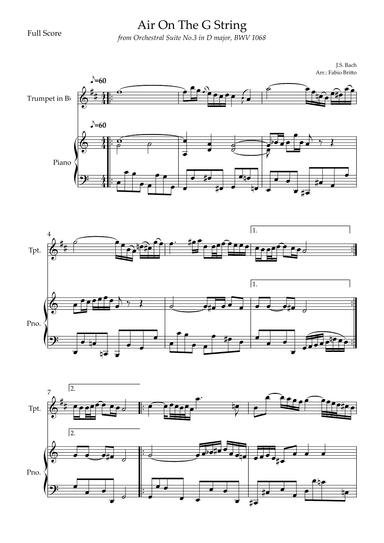 Air On The G String (J.S. Bach) for Trumpet in Bb Solo and Piano Accompaniment (arr. Fabio Britto)