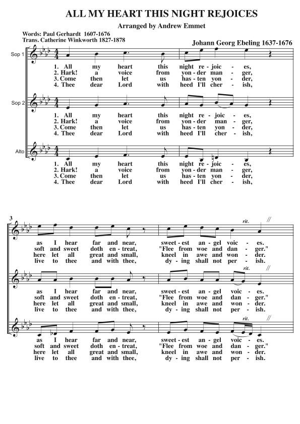 All My Heart This Night Rejoices A Cappella SSA (arr. Andrew Emmet)