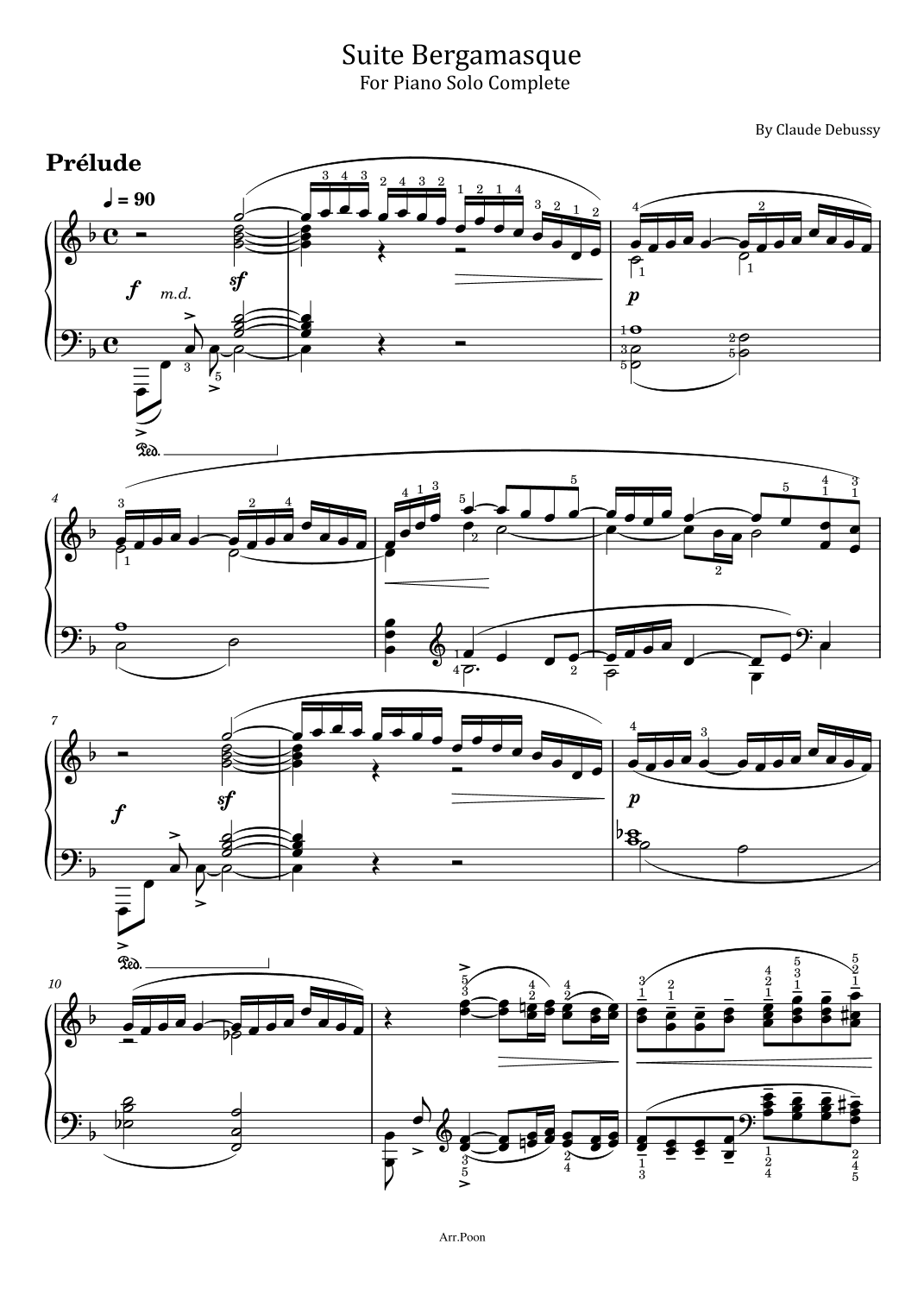 Debussy - Prelude From Suite Bergamasque L.75 - Original With Fingered - For Piano Solo Complete (arr. poon)