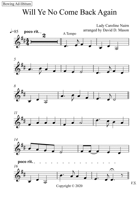 Will Ye No Come Back Again (arr. David D. Mason)