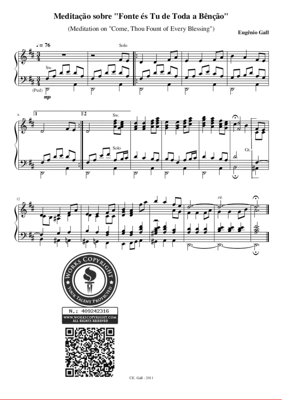 Come, Thou Font of Every Blessing - Prelude-Meditation for organ (Fonte,Tu, de Toda Bênção) (arr. Eugênio Gall)