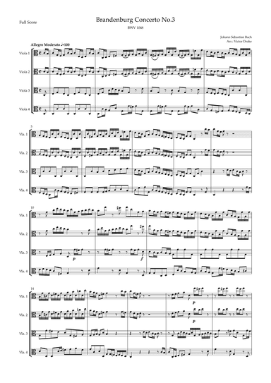 Brandenburg Concerto No. 3 in G major, BWV 1048 1st Mov. (J.S. Bach) for Viola Quartet (arr. Victor Drake)