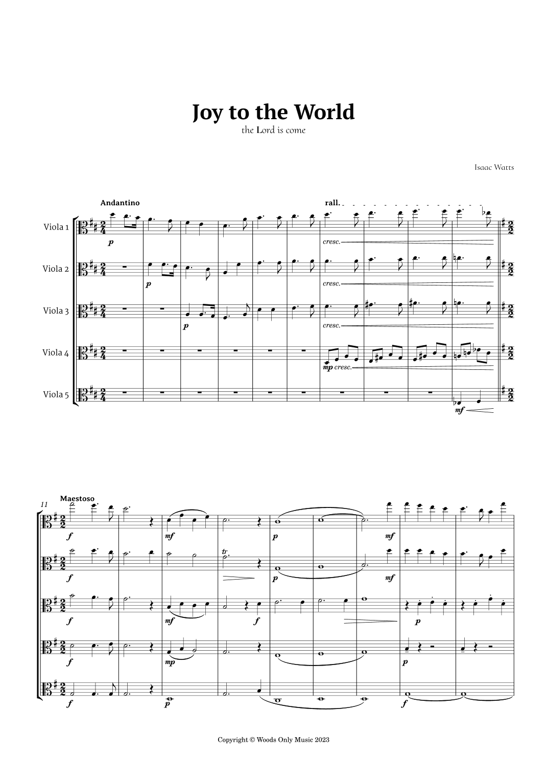 Joy to the World by for Viola Quintet (arr. Ander)