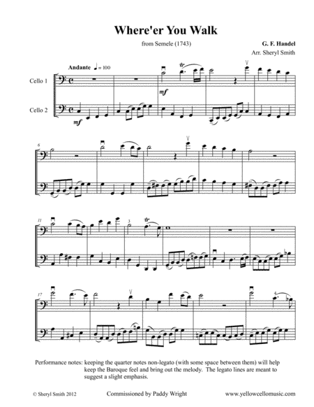 Where'Er You Walk from Semele for two cellos (intermediate cello duet) (arr. Yellow Cello Music)