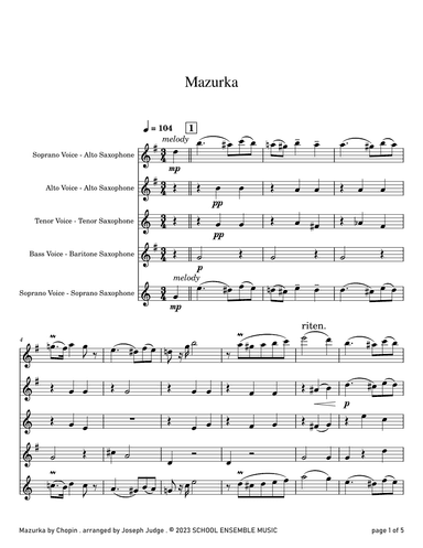 Mazurka by Chopin for Saxophone Quartet in Schools (arr. Joseph Judge)