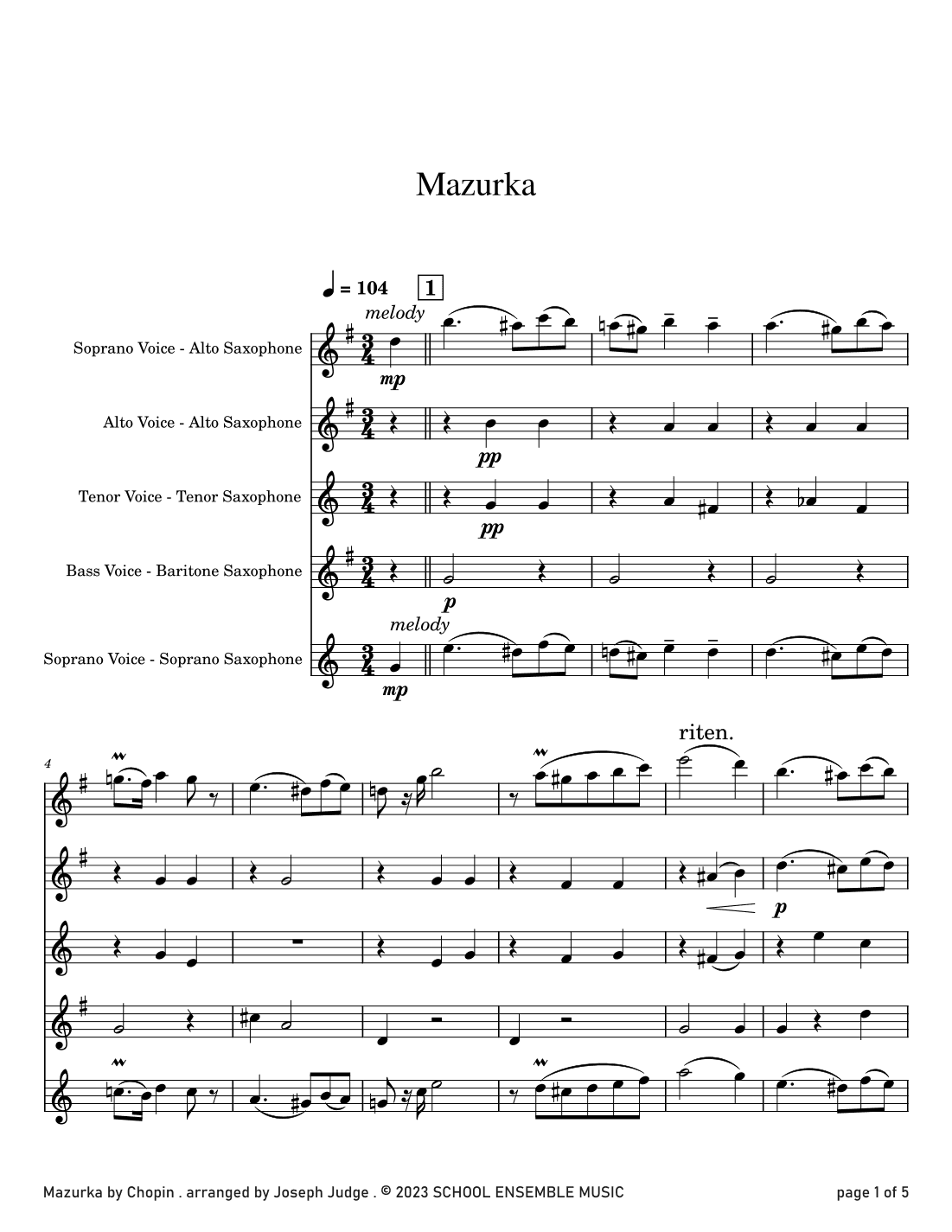 Mazurka by Chopin for Saxophone Quartet in Schools (arr. Joseph Judge)
