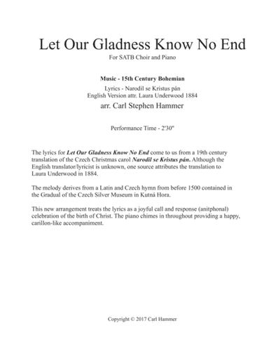 Let Our Gladness Know No End (arr. Carl Stephen Hammer)