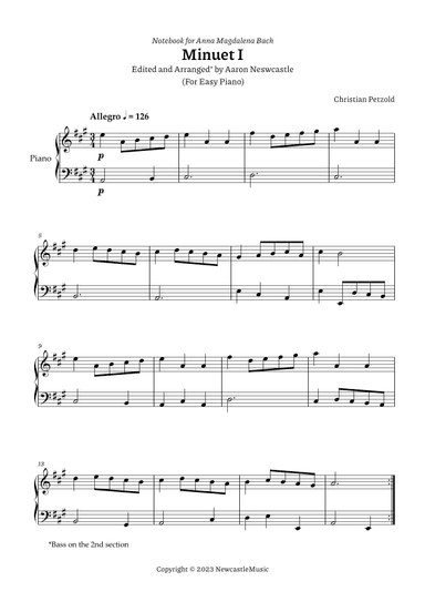 Minuet I Bach, A. M. (Book) |  C. Petzold | A Major (#04/12 Keys) — For Easy Piano (arr. Aaron Newcastle)