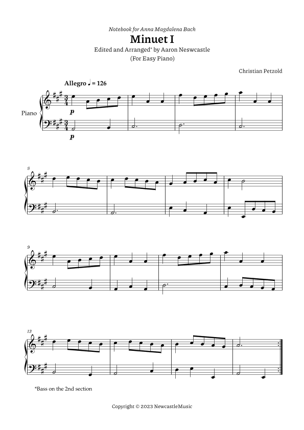Minuet I Bach, A. M. (Book) |  C. Petzold | A Major (#04/12 Keys) — For Easy Piano (arr. Aaron Newcastle)