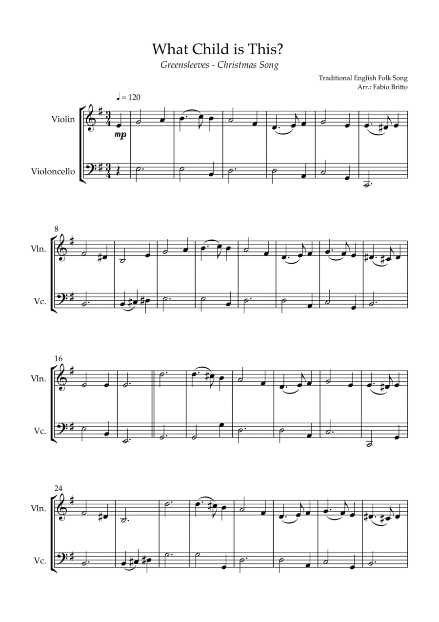 What Child is This? - Greensleeves (Christmas Song) for Violin & Cello Duo (arr. Fabio Britto)