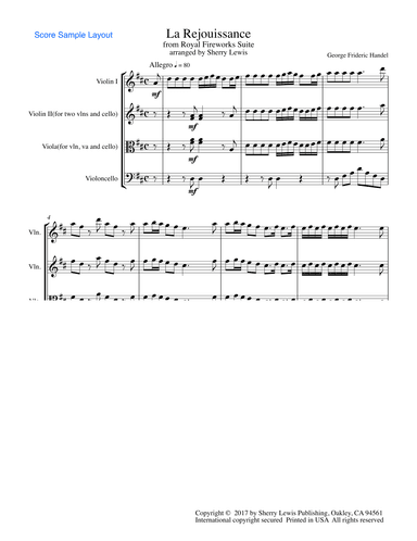 LA REJOUISSANCE from Royal Fireworks, String Trio, Intermediate Level for 2 violins and cello or vio (arr. Sherry Lewis Publishing)