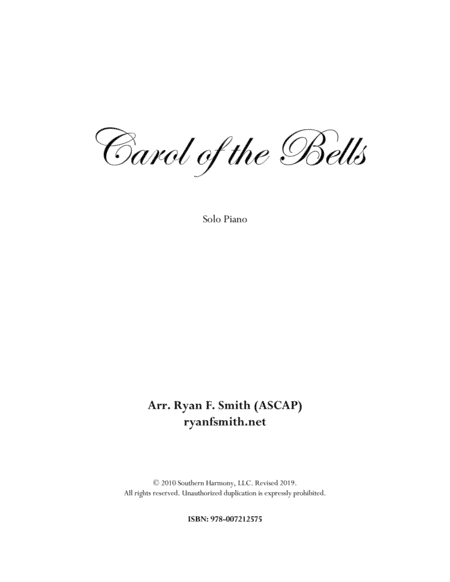 Carol of the Bells for Solo Piano (arr. Ryan F. Smith)
