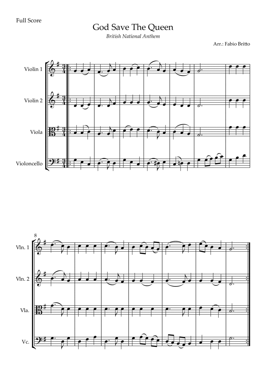God Save The Queen (British National Anthem) for String Quartet (arr. Fabio Britto)