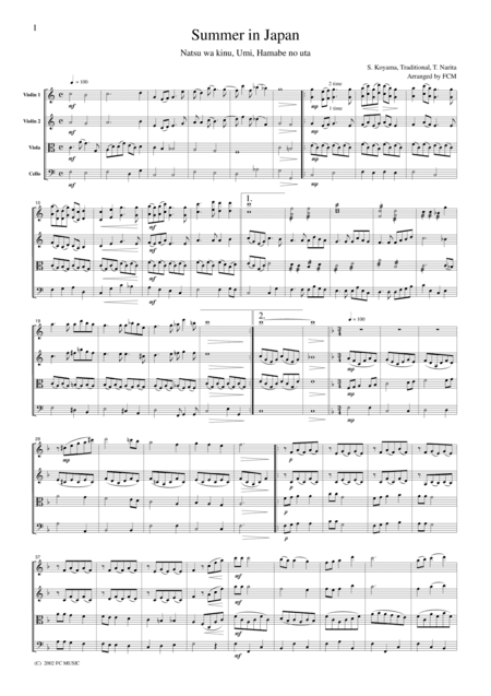 Japanese famous songs (medley)  Summer in Japan(Natsu wa kinu,  Umi, Hamabe no uta), for string quar (arr. FCMUSIC)