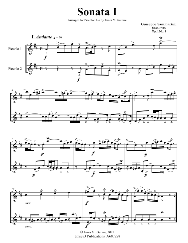 Sammartini: Sonata Op. 1 No. 1 for Piccolo Duo (arr. James M. Guthrie)