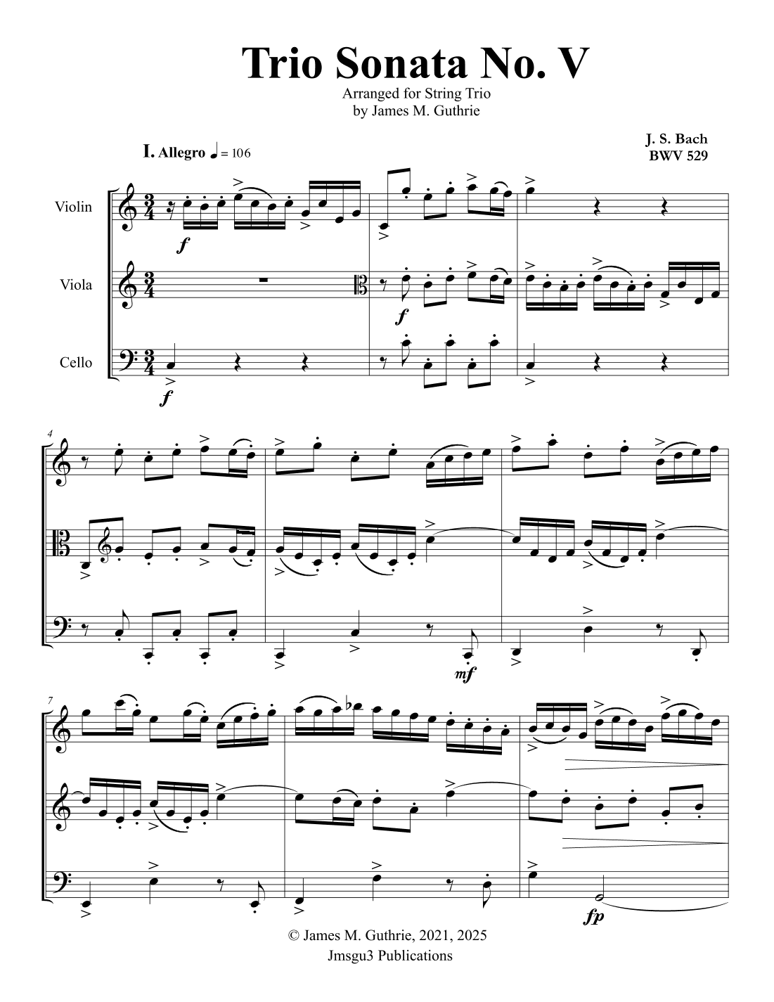 J. S. Bach: Trio Sonata BWV 529 for String Trio (arr. James M. Guthrie, ASCAP)