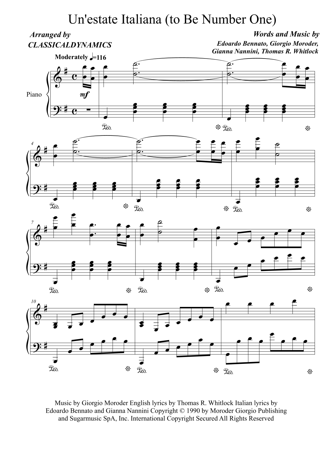 Un'estate Italiana (to Be Number One) (arr. ClassicalDynamics)